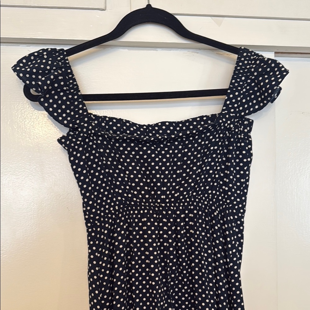 LULUS, Dream Love Navy Blue Polka Dot Off-the-Shoulder Maxi Dress - Picture 10 of 11